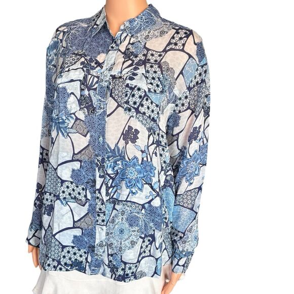 NWT Johnny Was Size S Blue Floral Pattern Long Sleeve Button Shirt Blouse $318 - Picture 4 of 6
